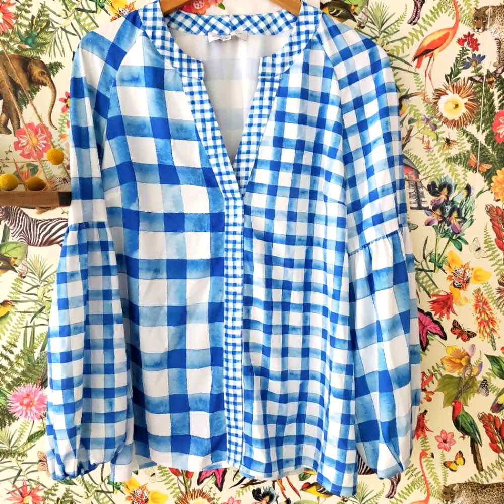 Molly Moorkamp Blue & White Checkered Blouse LARGE